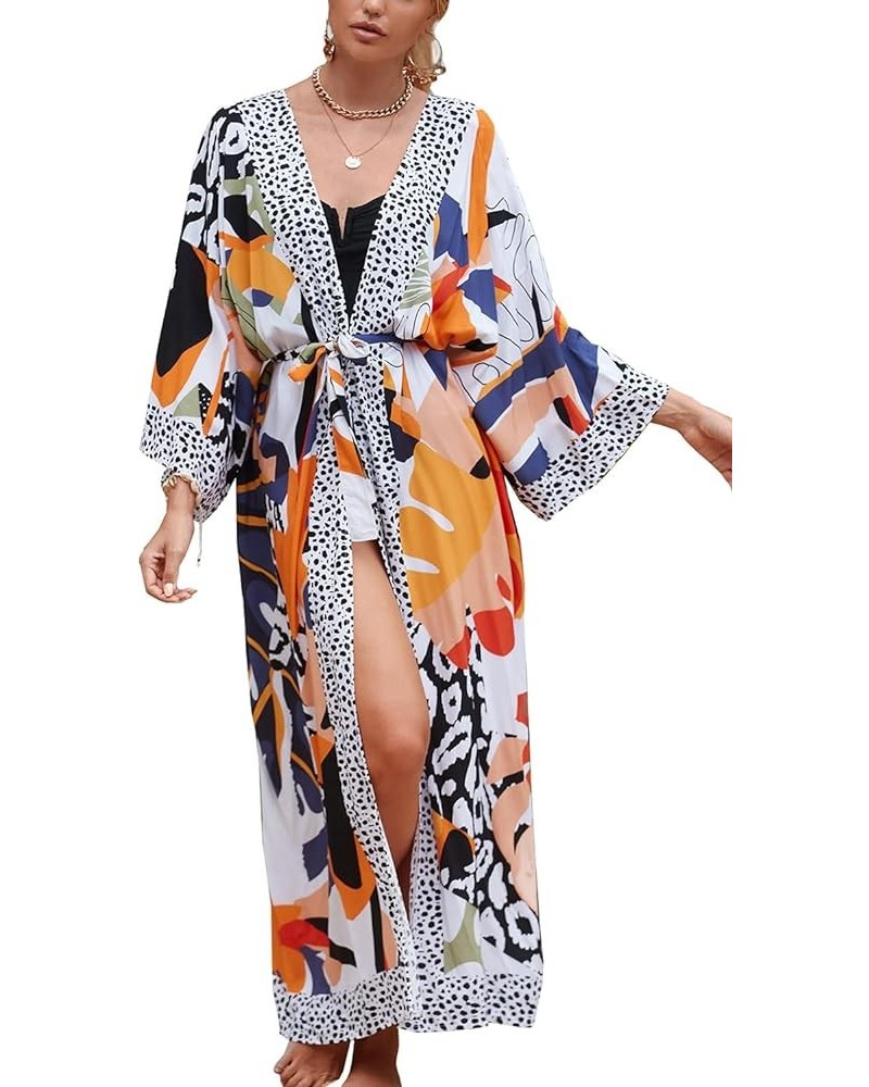 Women's Bohemian Cardigan Maxi Dress Beach Coverup Robe Long Kimono Robs One Size E Orange Black $17.48 Swimsuits