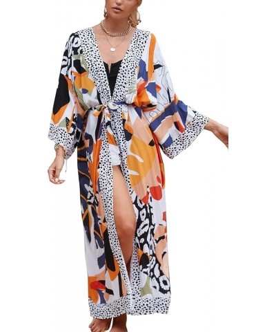 Women's Bohemian Cardigan Maxi Dress Beach Coverup Robe Long Kimono Robs One Size E Orange Black $17.48 Swimsuits