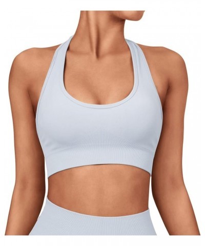 Women Seamless Halter Sports Bra Open Back Padded Workout Crop Tank Tops Light Blue Black $14.99 Lingerie