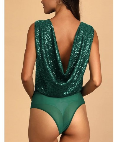 Women's Sleeveless Sexy Deep V Neck Sparkly Tops Sequin Bodysuit Green $18.80 Lingerie