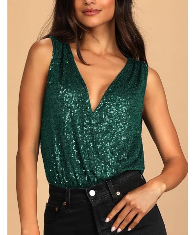 Women's Sleeveless Sexy Deep V Neck Sparkly Tops Sequin Bodysuit Green $18.80 Lingerie