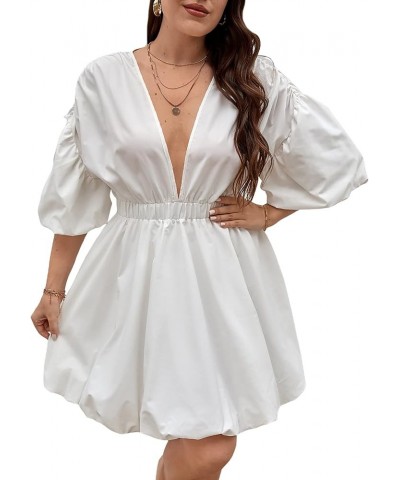 Women's Plus Size Deep V Neck Puff Lantern Sleeve Flowy Flare Dress A Line Mini Dress White $22.79 Dresses