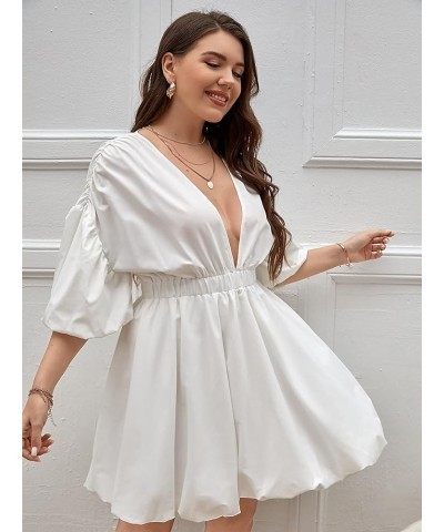 Women's Plus Size Deep V Neck Puff Lantern Sleeve Flowy Flare Dress A Line Mini Dress White $22.79 Dresses