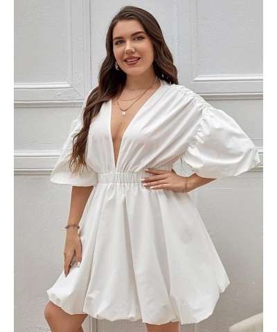 Women's Plus Size Deep V Neck Puff Lantern Sleeve Flowy Flare Dress A Line Mini Dress White $22.79 Dresses