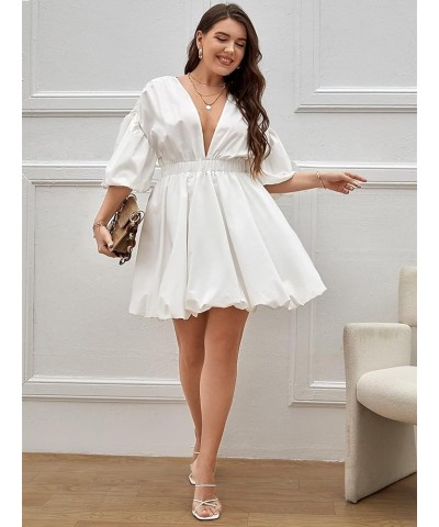 Women's Plus Size Deep V Neck Puff Lantern Sleeve Flowy Flare Dress A Line Mini Dress White $22.79 Dresses