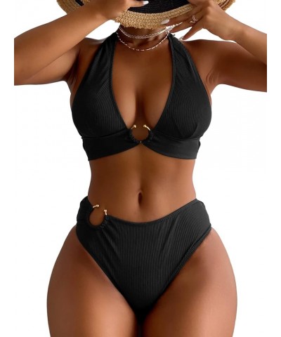 Women's 2PCS Ring Swimsuit Tie Neck Halter High Waist Solid Bikini Set Wireless Sexy Bathing Suit Solid Black $9.89 Swimsuits