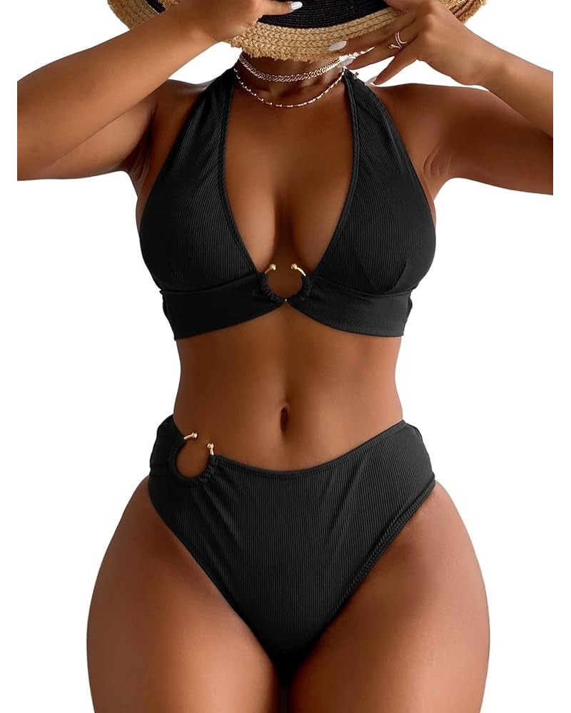 Women's 2PCS Ring Swimsuit Tie Neck Halter High Waist Solid Bikini Set Wireless Sexy Bathing Suit Solid Black $9.89 Swimsuits