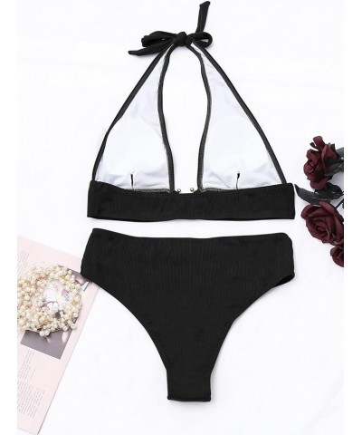 Women's 2PCS Ring Swimsuit Tie Neck Halter High Waist Solid Bikini Set Wireless Sexy Bathing Suit Solid Black $9.89 Swimsuits