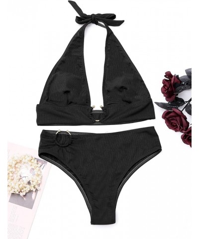 Women's 2PCS Ring Swimsuit Tie Neck Halter High Waist Solid Bikini Set Wireless Sexy Bathing Suit Solid Black $9.89 Swimsuits