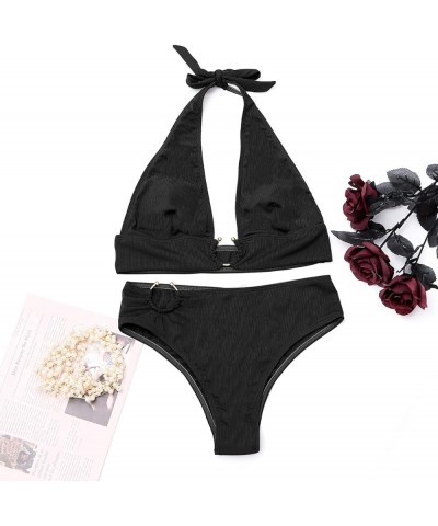 Women's 2PCS Ring Swimsuit Tie Neck Halter High Waist Solid Bikini Set Wireless Sexy Bathing Suit Solid Black $9.89 Swimsuits