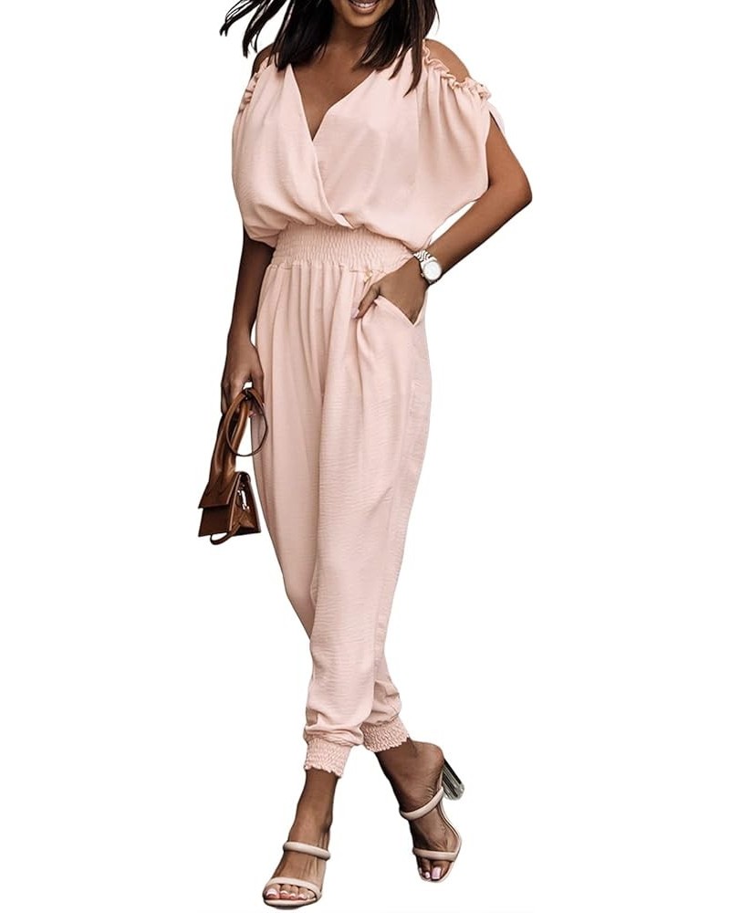 Jumpsuit for Womens Dressy Casual 2024 One Piece Romper Cold Shoulder Outfits for Summer Pink $18.06 Jumpsuits