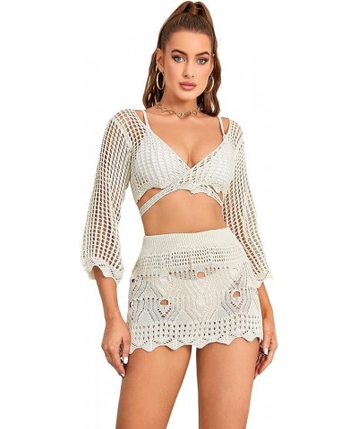 Women's Crochet Hollow Out Cover Up Set Long Sleeve Wrap Beach Coverups Swimsuit White $22.22 Swimsuits