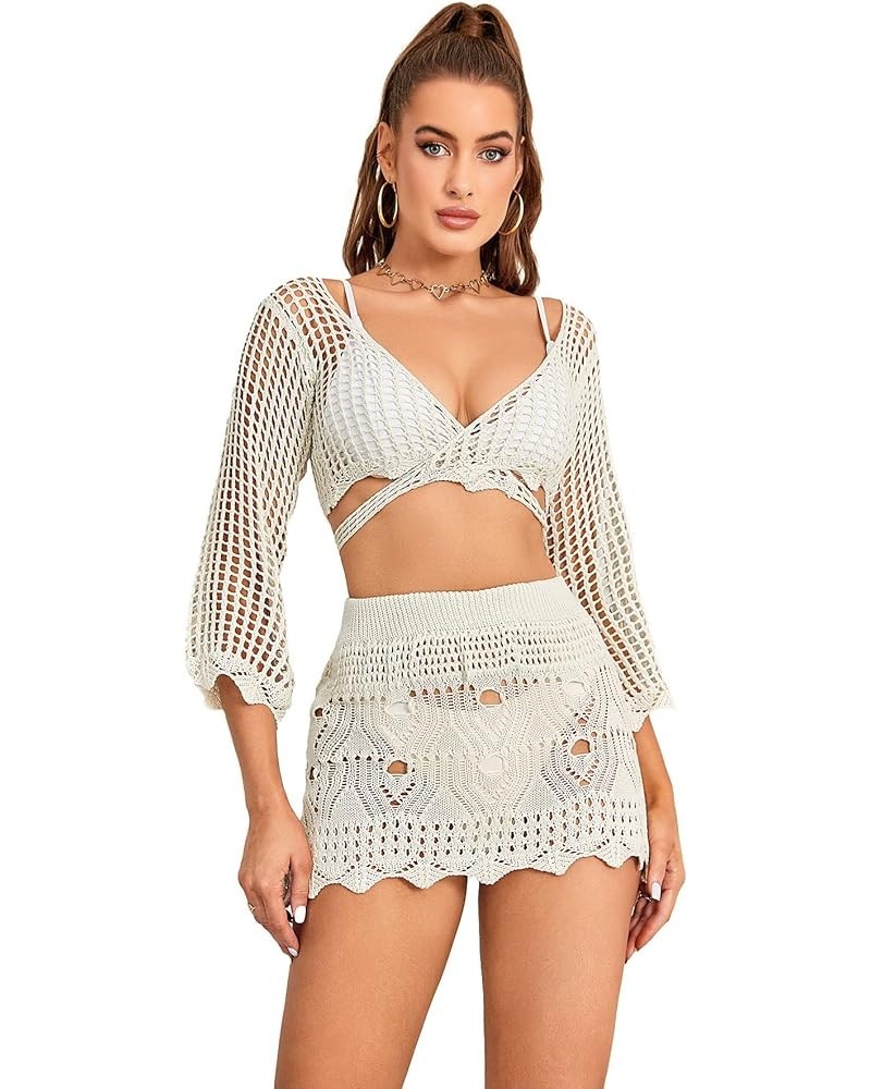 Women's Crochet Hollow Out Cover Up Set Long Sleeve Wrap Beach Coverups Swimsuit White $22.22 Swimsuits