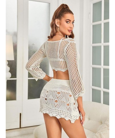 Women's Crochet Hollow Out Cover Up Set Long Sleeve Wrap Beach Coverups Swimsuit White $22.22 Swimsuits