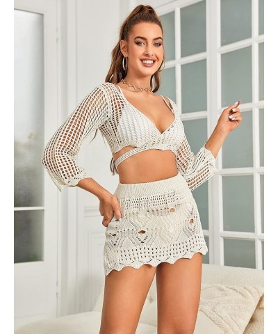 Women's Crochet Hollow Out Cover Up Set Long Sleeve Wrap Beach Coverups Swimsuit White $22.22 Swimsuits