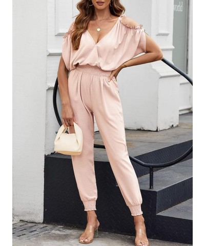 Jumpsuit for Womens Dressy Casual 2024 One Piece Romper Cold Shoulder Outfits for Summer Pink $18.06 Jumpsuits