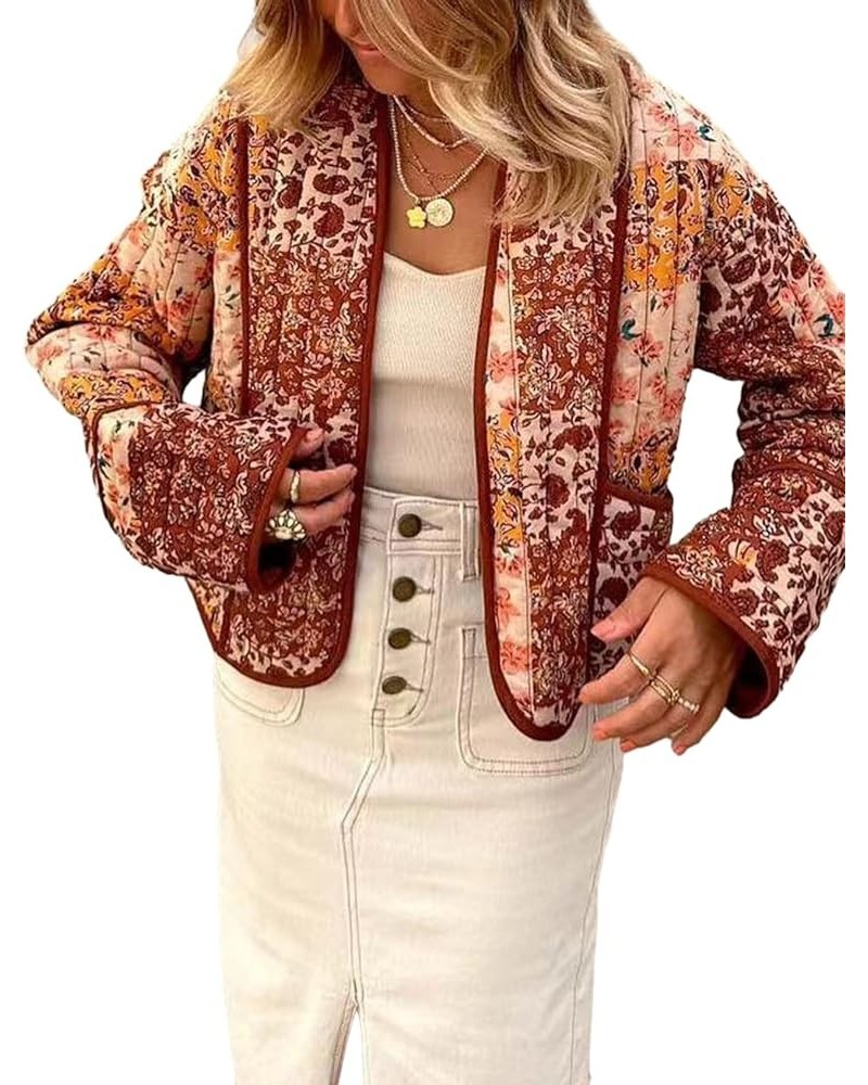 Women's Cropped Puffer Jacket Printed Quilted Lightweight Jackets Cardigan Long Sleeve Open Front Coat 07brown $20.27 Jackets