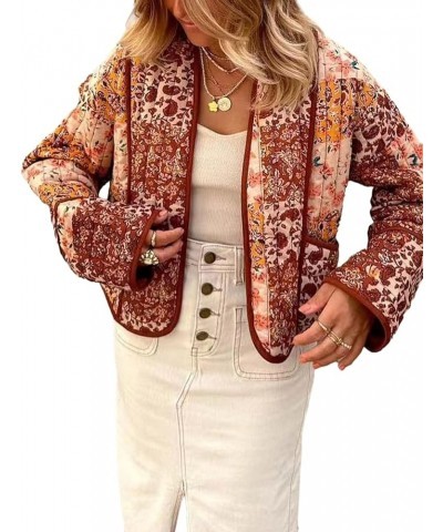 Women's Cropped Puffer Jacket Printed Quilted Lightweight Jackets Cardigan Long Sleeve Open Front Coat 07brown $20.27 Jackets