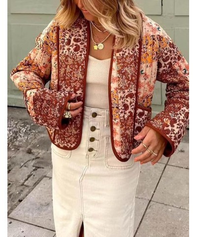 Women's Cropped Puffer Jacket Printed Quilted Lightweight Jackets Cardigan Long Sleeve Open Front Coat 07brown $20.27 Jackets