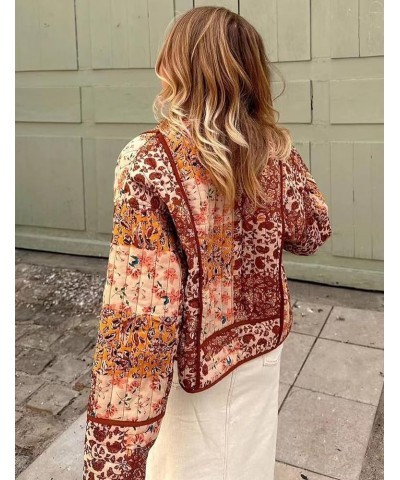 Women's Cropped Puffer Jacket Printed Quilted Lightweight Jackets Cardigan Long Sleeve Open Front Coat 07brown $20.27 Jackets