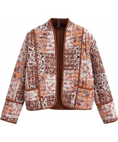 Women's Cropped Puffer Jacket Printed Quilted Lightweight Jackets Cardigan Long Sleeve Open Front Coat 07brown $20.27 Jackets