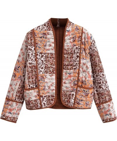 Women's Cropped Puffer Jacket Printed Quilted Lightweight Jackets Cardigan Long Sleeve Open Front Coat 07brown $20.27 Jackets