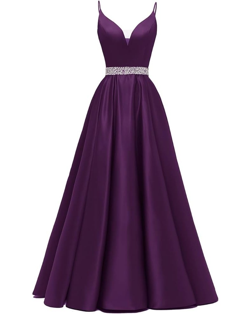 Spaghetti Straps Prom Dress Long Satin Beaded V-Neck Formal Evening Party Ball Gowns with Pockets Plum $45.60 Dresses