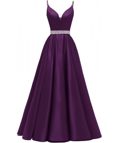 Spaghetti Straps Prom Dress Long Satin Beaded V-Neck Formal Evening Party Ball Gowns with Pockets Plum $45.60 Dresses