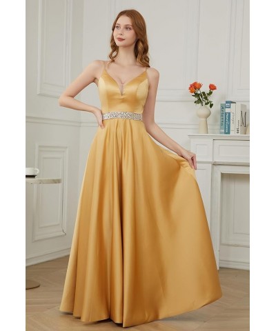 Spaghetti Straps Prom Dress Long Satin Beaded V-Neck Formal Evening Party Ball Gowns with Pockets Plum $45.60 Dresses