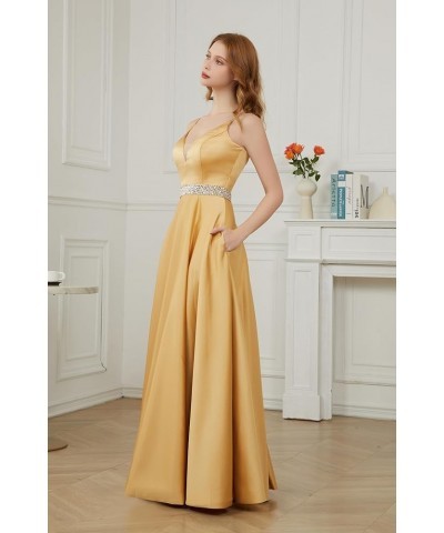 Spaghetti Straps Prom Dress Long Satin Beaded V-Neck Formal Evening Party Ball Gowns with Pockets Plum $45.60 Dresses