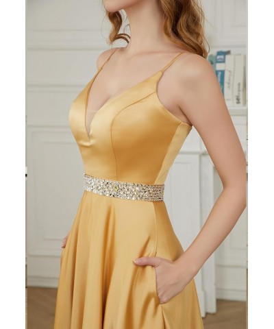 Spaghetti Straps Prom Dress Long Satin Beaded V-Neck Formal Evening Party Ball Gowns with Pockets Plum $45.60 Dresses