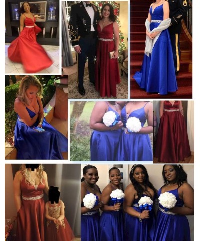 Spaghetti Straps Prom Dress Long Satin Beaded V-Neck Formal Evening Party Ball Gowns with Pockets Plum $45.60 Dresses