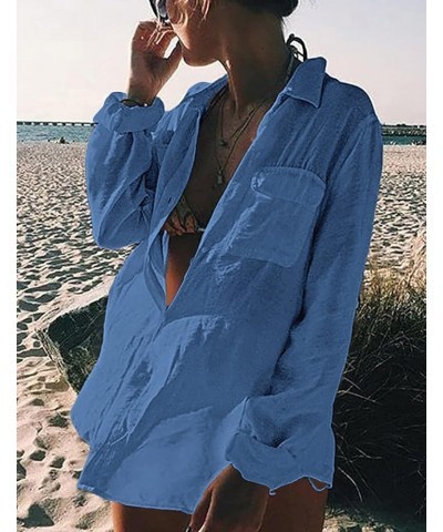 Long Sleeve Shirt Bathing Suit Cover Up for Women Swimsuit Cover Ups Beach Dress F-sky Blue $18.55 Swimsuits