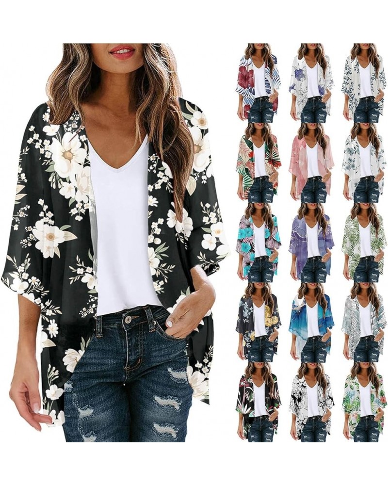 Cardigan for Women Lightweight Summer Floral 3/4 Sleeve Duster Cardigans Casual Comfort Open Front Kimonos Cover Up Blouse A0...