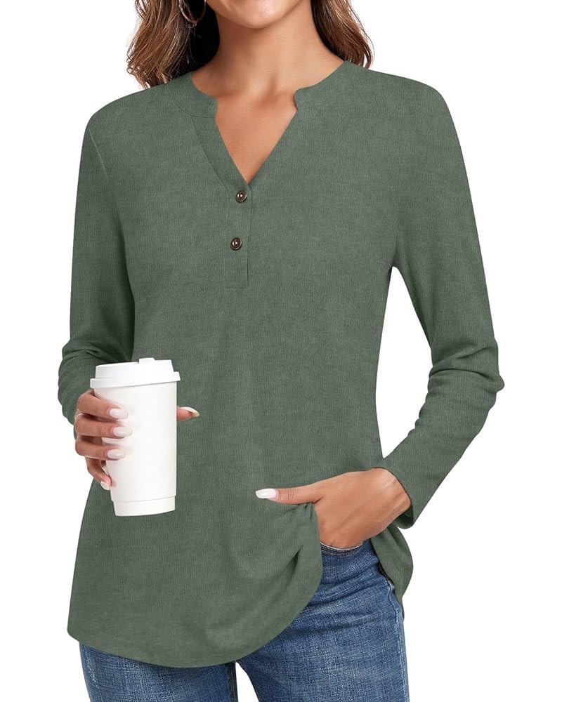 Women's Long Sleeve Business Button Down Blouse Shirt V-Neck Office Shirt Work Top Mandarin Collar-dark Green $12.50 Blouses