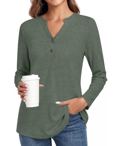 Women's Long Sleeve Business Button Down Blouse Shirt V-Neck Office Shirt Work Top Mandarin Collar-dark Green $12.50 Blouses