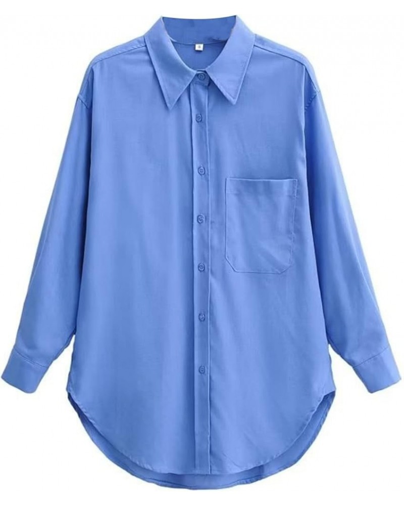 Womens Casual Oversized Button Down Shirt Long Sleeve Lapel Collar Blouses Loose Fit Tops 3blue $19.03 Blouses