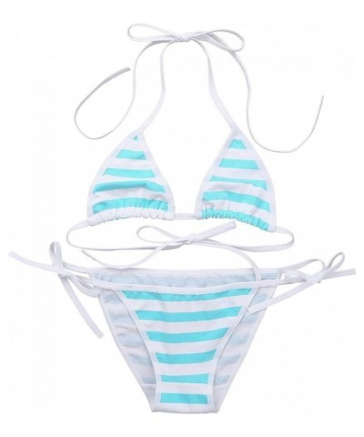 Women Micro G-String Bikini 2 Piece Sliding Top Thong Small Bra Swimsuit Set Blue $8.95 Swimsuits