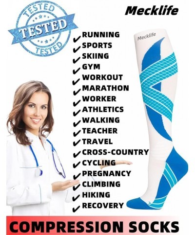 Mecklife Sports Compression Socks for Women and Men 20-30 mmHg Running Support Socks (1 Pair) White/Blue $6.75 Activewear