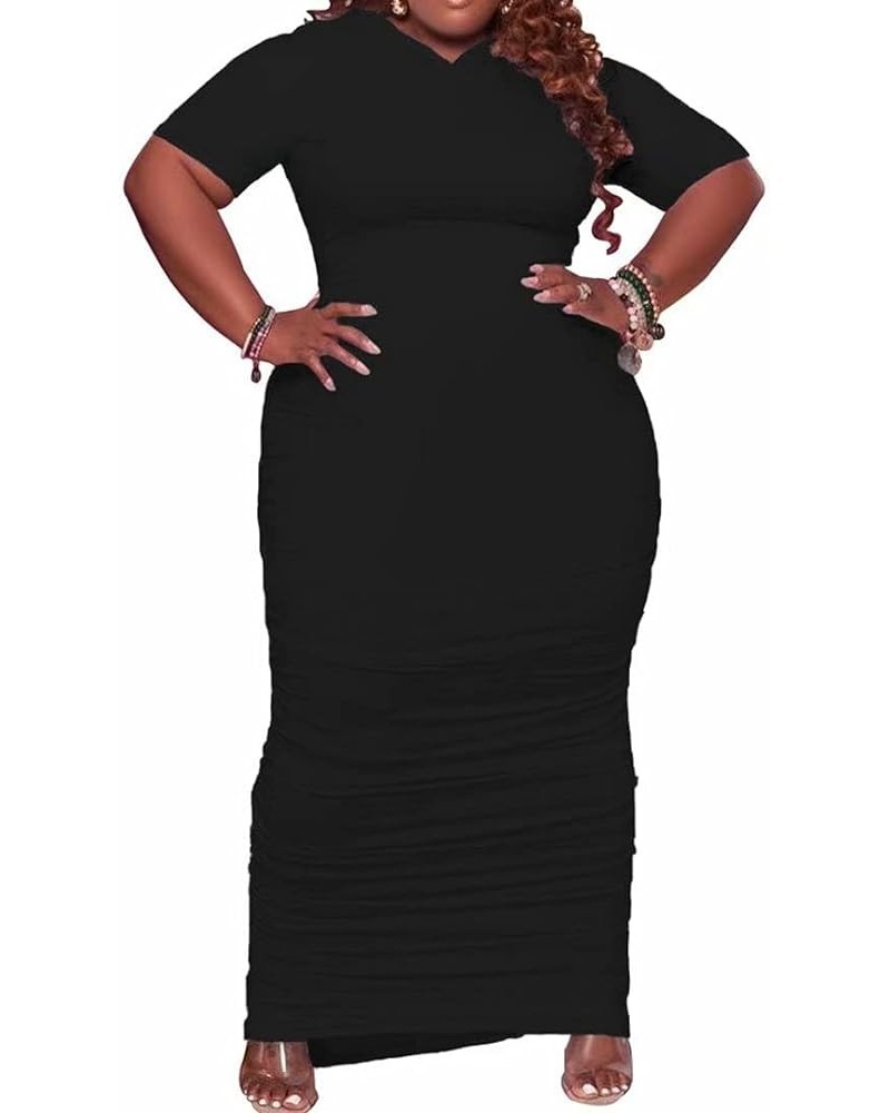 Sexy Plus Size Bodycon Dresses for Women - Short Sleeve Solid Color Split Party Long Maxi Pencil Dresses 076 Black $22.00 Dre...