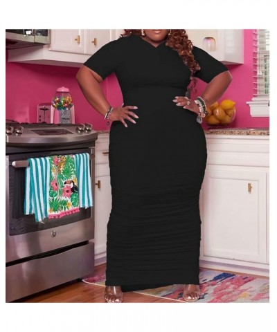 Sexy Plus Size Bodycon Dresses for Women - Short Sleeve Solid Color Split Party Long Maxi Pencil Dresses 076 Black $22.00 Dre...