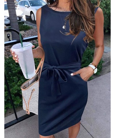 Womens Summer Sleeveless Striped T Shirt Dress Casual Crew Neck Tie Waist Mini Dresses Solidnavy $20.66 Dresses