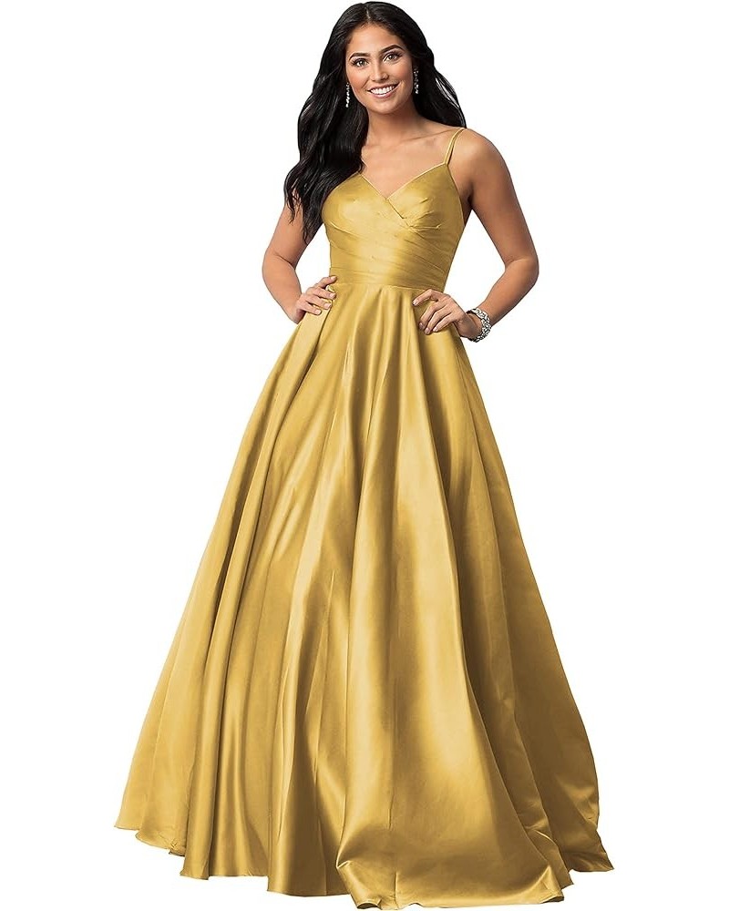 Women's Spaghetti Straps Satin Prom Dresses with Pockets V Neck Pleated Formal Evening Ball Gowns Gold $43.99 Dresses