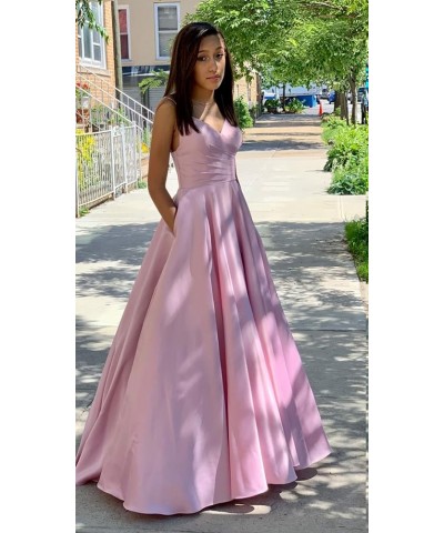 Women's Spaghetti Straps Satin Prom Dresses with Pockets V Neck Pleated Formal Evening Ball Gowns Gold $43.99 Dresses