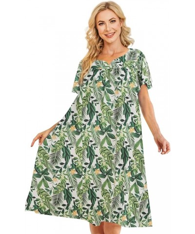 Muumuu House Dresses for Women Nightgown Duster Moomoo Short Sleeve Patio Dress with Pockets S-3XL Flowers-with Green Leaves ...