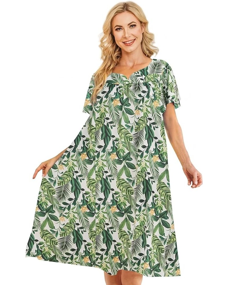 Muumuu House Dresses for Women Nightgown Duster Moomoo Short Sleeve Patio Dress with Pockets S-3XL Flowers-with Green Leaves ...