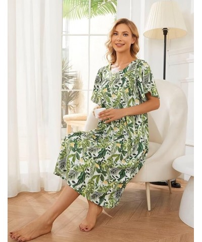 Muumuu House Dresses for Women Nightgown Duster Moomoo Short Sleeve Patio Dress with Pockets S-3XL Flowers-with Green Leaves ...