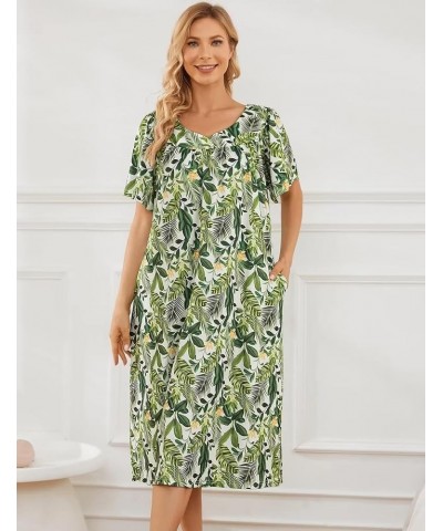 Muumuu House Dresses for Women Nightgown Duster Moomoo Short Sleeve Patio Dress with Pockets S-3XL Flowers-with Green Leaves ...