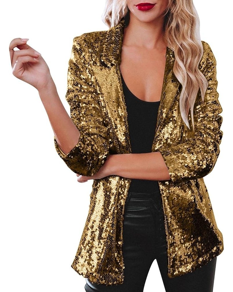 Women Sequins Blazer Sequin Jacket Casual Long Sleeve Glitter Party Shiny Lapel Coat Jacket Women Plus Size S1-gold $14.43 Bl...