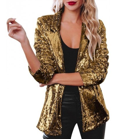 Women Sequins Blazer Sequin Jacket Casual Long Sleeve Glitter Party Shiny Lapel Coat Jacket Women Plus Size S1-gold $14.43 Bl...